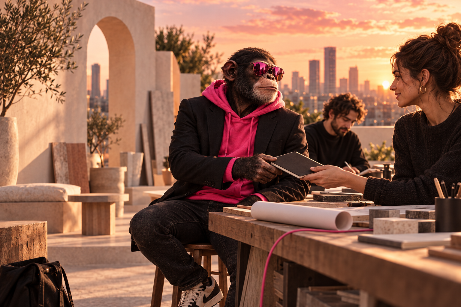 The IronicApe lead in a pink hoodie and dark jacket exchanges a sketchbook with collaborators on a warm rooftop at sunset.